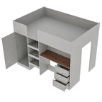 Lit mezzanine pleine taille en bois massif gris avec armoire, bureau et étagères