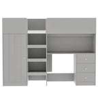 Lit mezzanine pleine taille en bois massif gris avec armoire, bureau et étagères