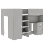 Lit mezzanine pleine taille en bois massif gris avec armoire, bureau et étagères