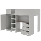 Lit mezzanine pleine taille en bois massif gris avec armoire, bureau et étagères