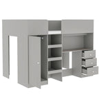 Lit mezzanine pleine taille en bois massif gris avec armoire, bureau et étagères