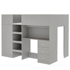 Lit mezzanine pleine taille en bois massif gris avec armoire, bureau et étagères