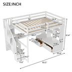 Lit mezzanine blanc en bois massif pleine grandeur avec bureau, étagères et tiroirs