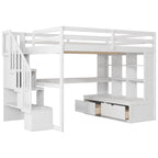 Lit mezzanine blanc en bois massif pleine grandeur avec bureau, étagères et tiroirs