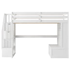Lit mezzanine blanc en bois massif pleine grandeur avec bureau, étagères et tiroirs