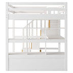 Lit mezzanine blanc en bois massif pleine grandeur avec bureau, étagères et tiroirs