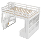 Lit mezzanine blanc en bois massif pleine grandeur avec bureau, étagères et tiroirs