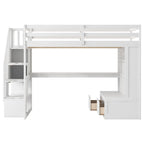 Lit mezzanine blanc en bois massif pleine grandeur avec bureau, étagères et tiroirs