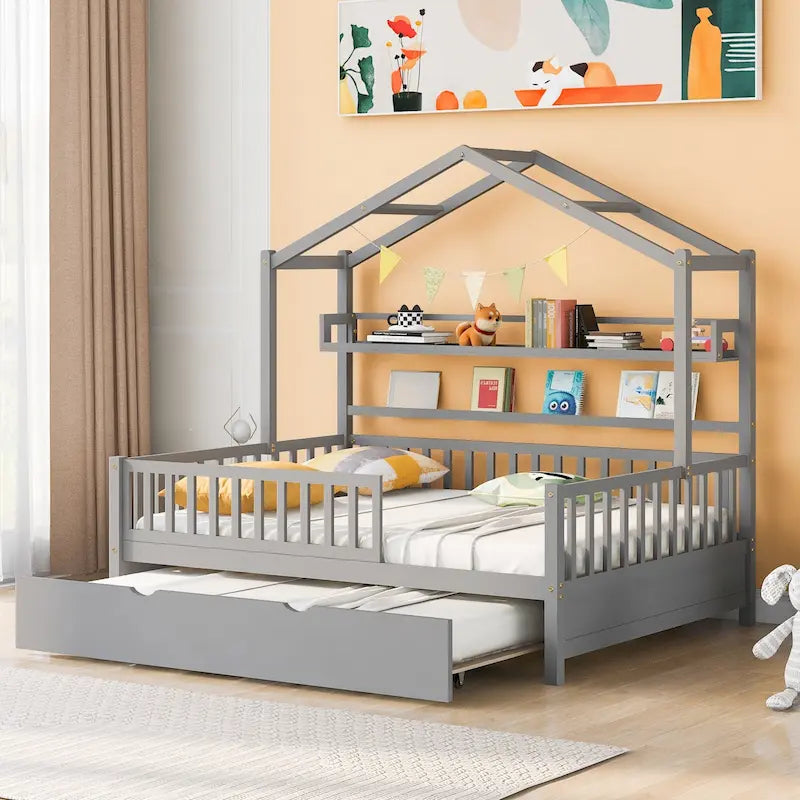 Lit cabane en bois pleine grandeur avec lit gigogne double – Cadre de lit maisonnette pour enfants