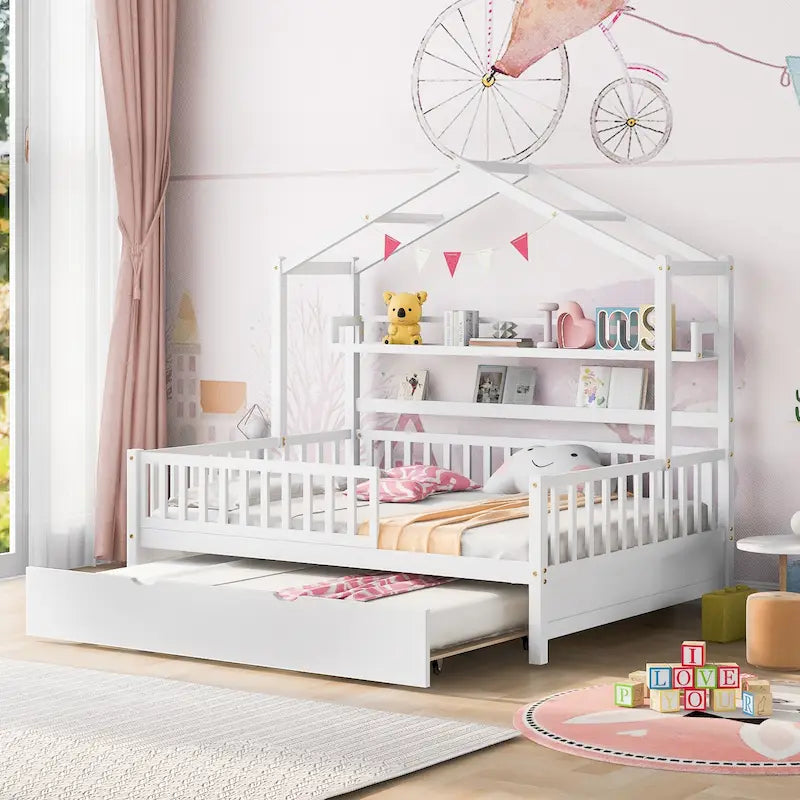 Lit cabane en bois pleine grandeur avec lit gigogne double – Cadre de lit maisonnette pour enfants