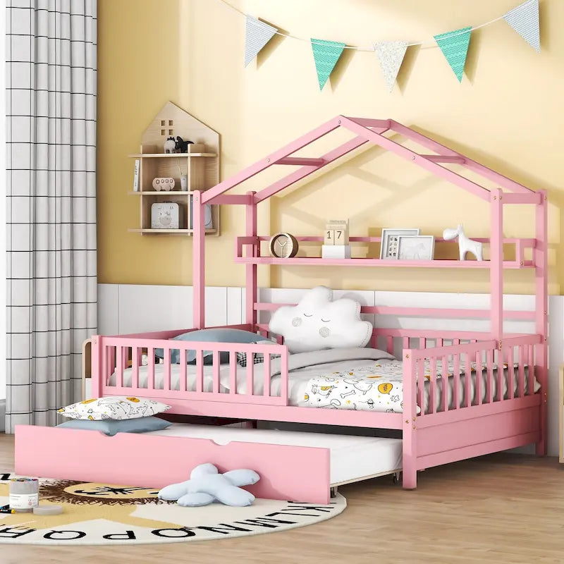 Lit cabane en bois pleine grandeur avec lit gigogne double – Cadre de lit maisonnette pour enfants