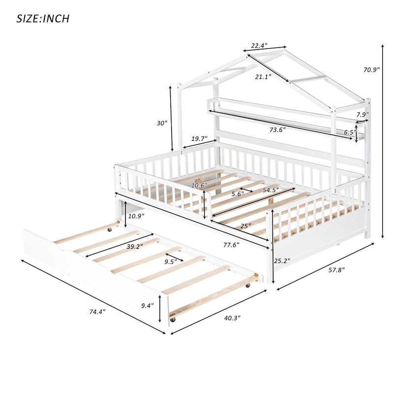 Lit cabane en bois pleine grandeur avec lit gigogne double – Cadre de lit maisonnette pour enfants