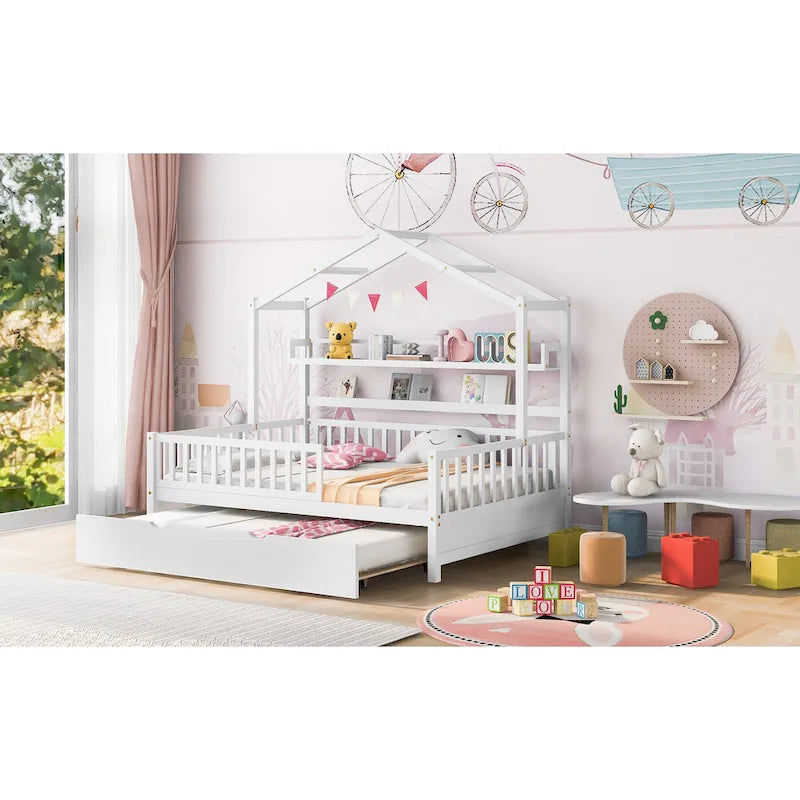 Lit cabane en bois pleine grandeur avec lit gigogne double – Cadre de lit maisonnette pour enfants
