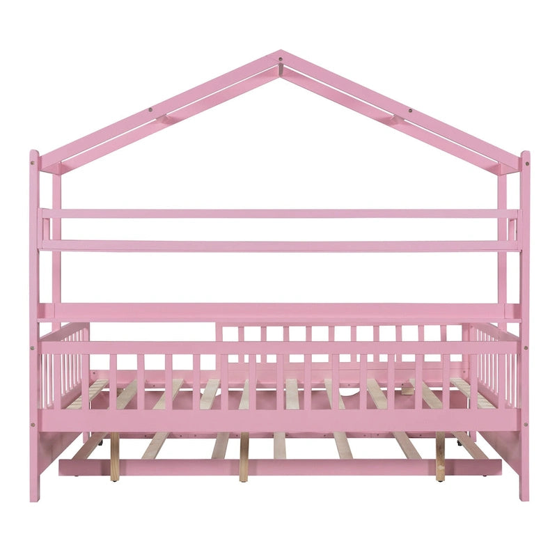Lit cabane en bois pleine grandeur avec lit gigogne double – Cadre de lit maisonnette pour enfants