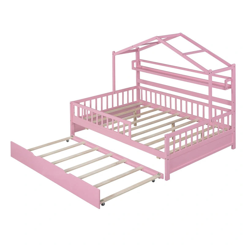 Lit cabane en bois pleine grandeur avec lit gigogne double – Cadre de lit maisonnette pour enfants
