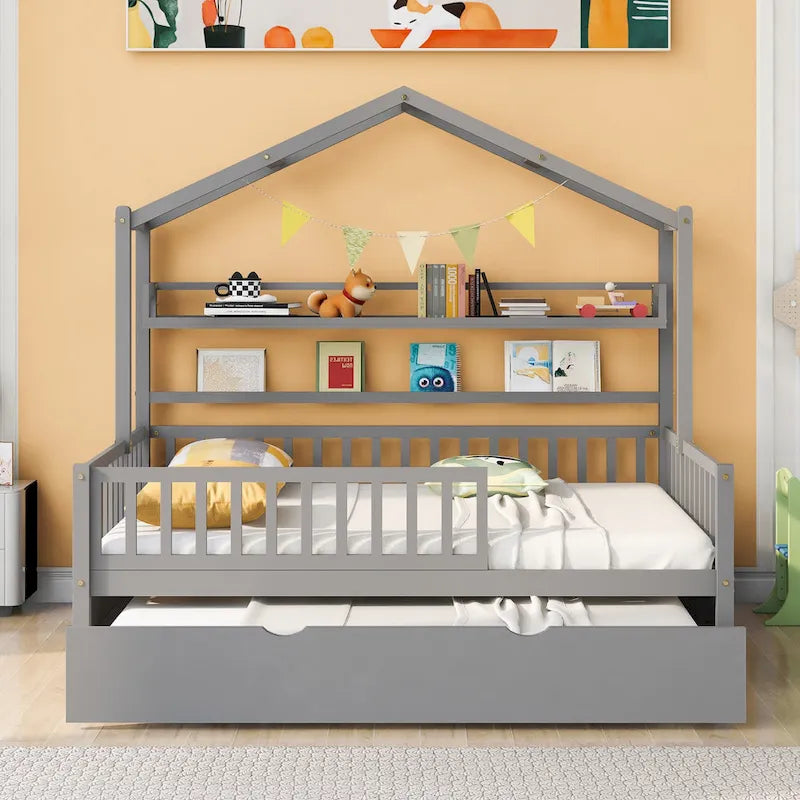 Lit cabane en bois pleine grandeur avec lit gigogne double – Cadre de lit maisonnette pour enfants