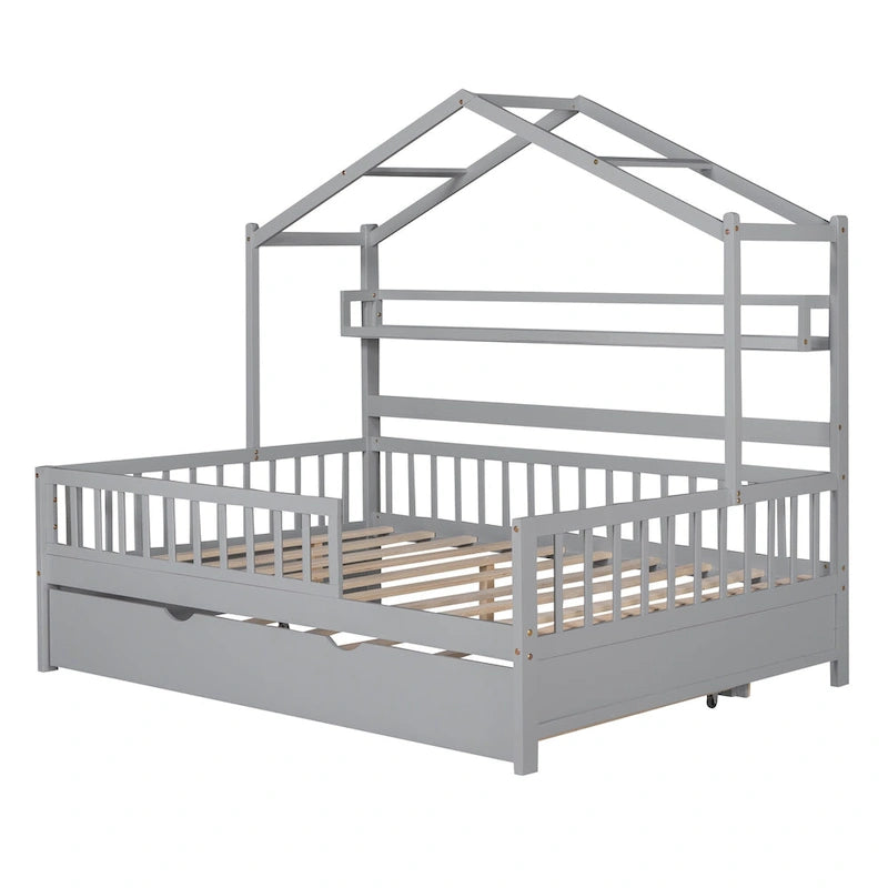 Lit cabane en bois pleine grandeur avec lit gigogne double – Cadre de lit maisonnette pour enfants