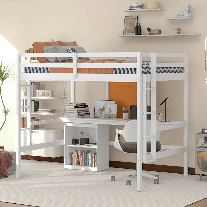 Lit mezzanine double en pin avec bureau, tableau d'écriture et étagères de rangement
