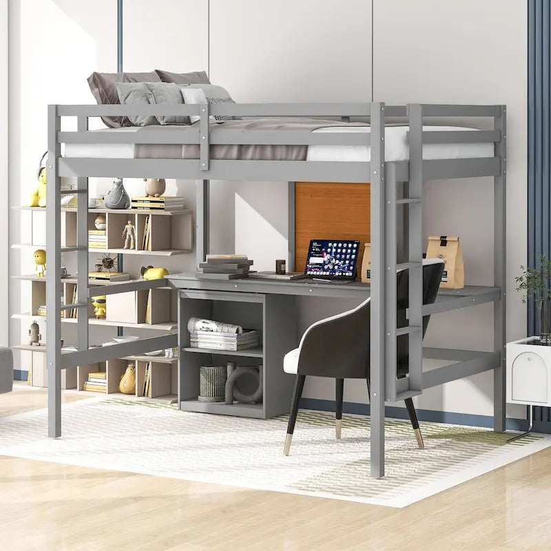 Lit mezzanine double en pin avec bureau, tableau d'écriture et étagères de rangement