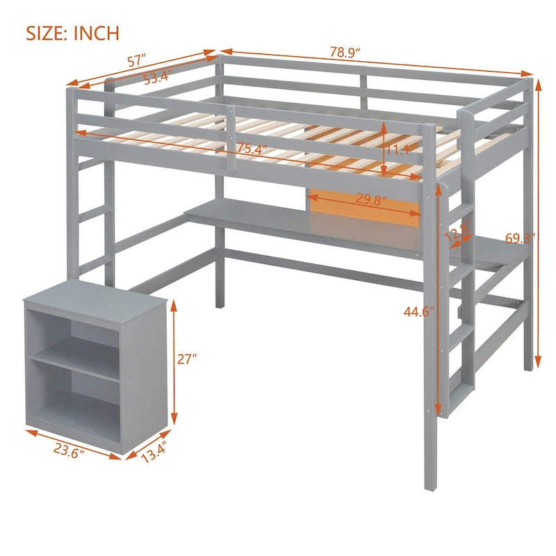 Full Pine Loft Bed with Desk and Writing Board