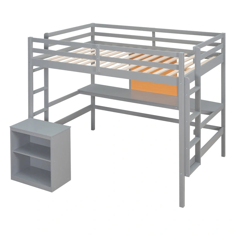 Lit mezzanine double en pin avec bureau, tableau d'écriture et étagères de rangement
