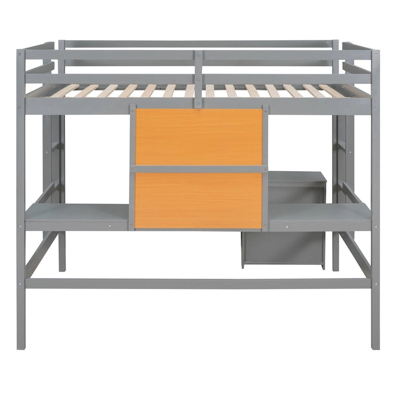 Lit mezzanine double en pin avec bureau, tableau d'écriture et étagères de rangement
