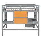 Lit mezzanine double en pin avec bureau, tableau d'écriture et étagères de rangement