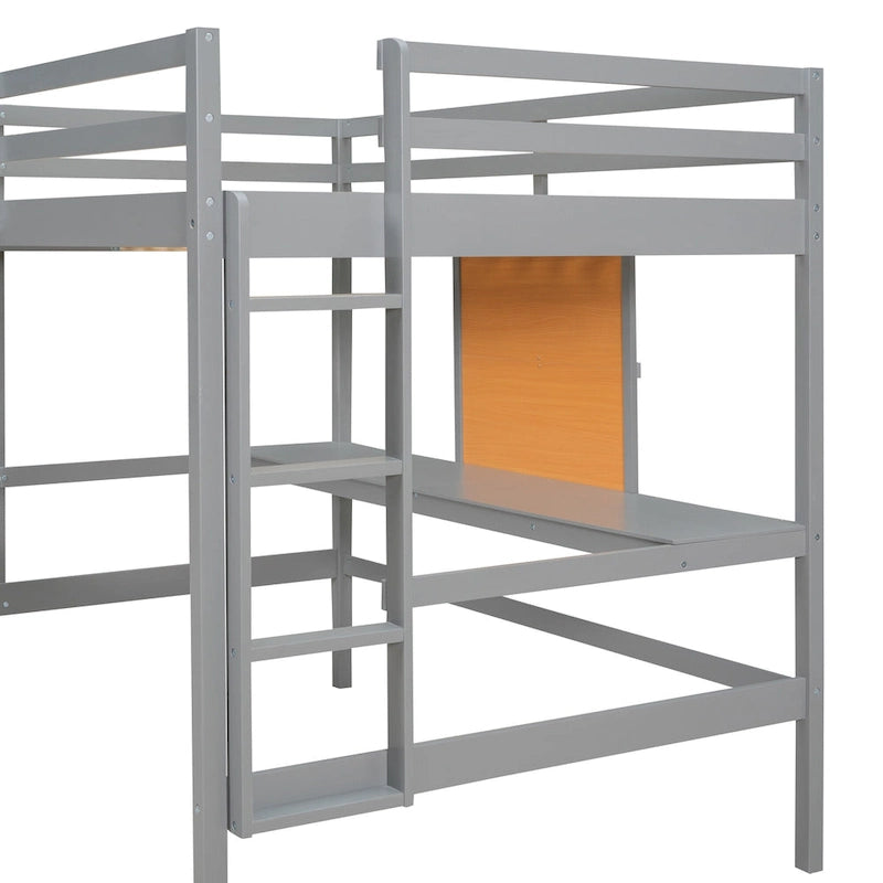 Lit mezzanine double en pin avec bureau, tableau d'écriture et étagères de rangement