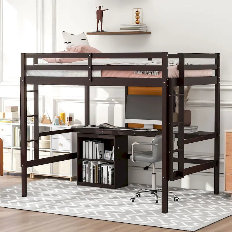 Lit mezzanine double en pin avec bureau, tableau d'écriture et étagères de rangement