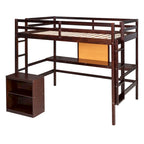 Lit mezzanine double en pin avec bureau, tableau d'écriture et étagères de rangement