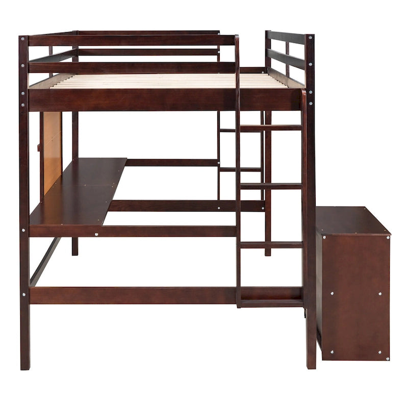 Lit mezzanine double en pin avec bureau, tableau d'écriture et étagères de rangement