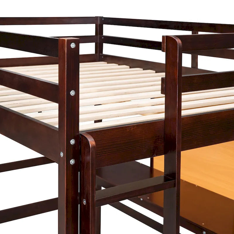 Lit mezzanine double en pin avec bureau, tableau d'écriture et étagères de rangement