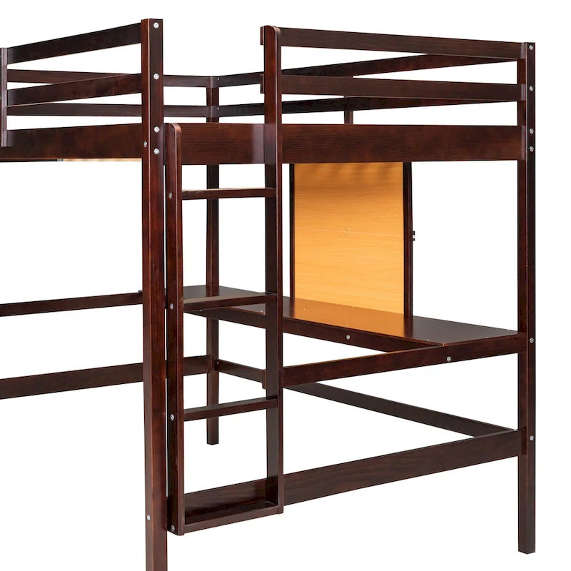 Lit mezzanine double en pin avec bureau, tableau d'écriture et étagères de rangement