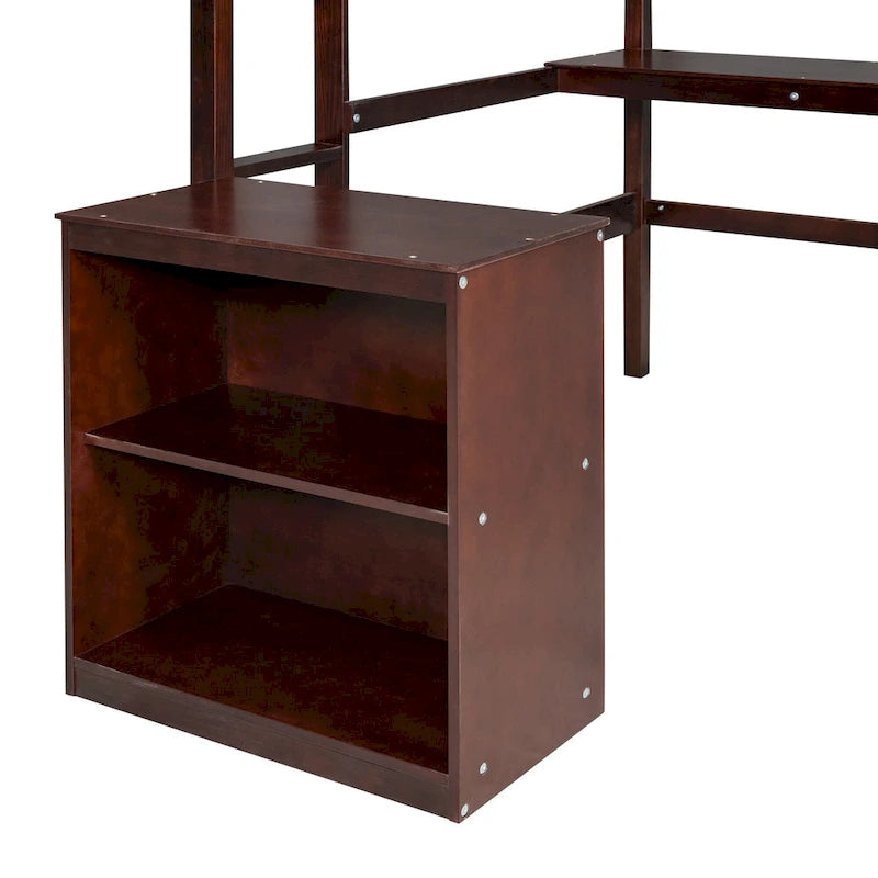 Lit mezzanine double en pin avec bureau, tableau d'écriture et étagères de rangement