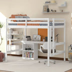 Lit mezzanine double en pin avec bureau, tableau d'écriture et étagères de rangement