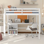 Lit mezzanine double en pin avec bureau, tableau d'écriture et étagères de rangement