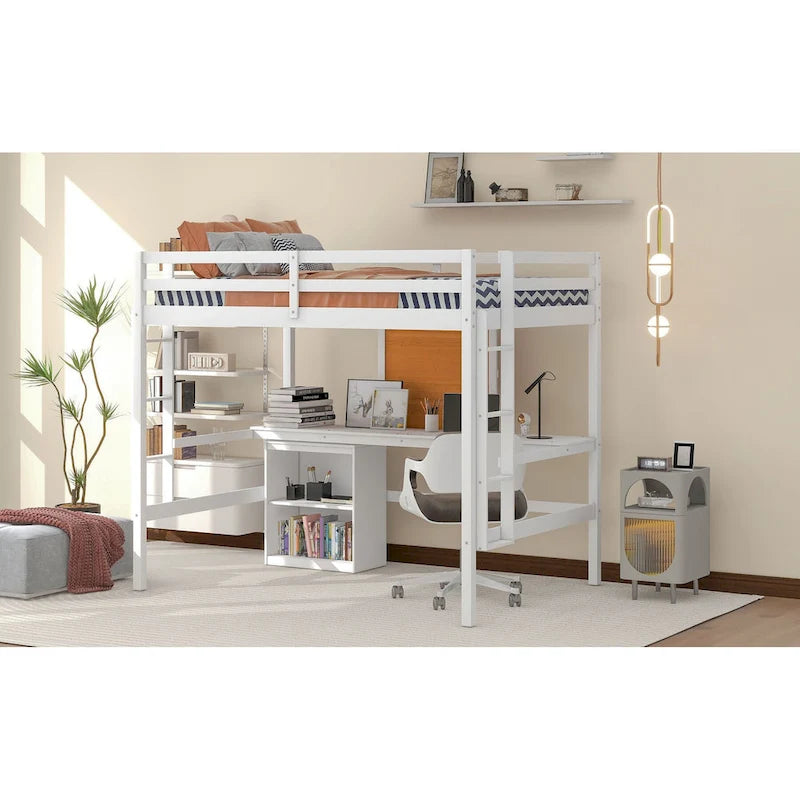 Lit mezzanine double en pin avec bureau, tableau d'écriture et étagères de rangement