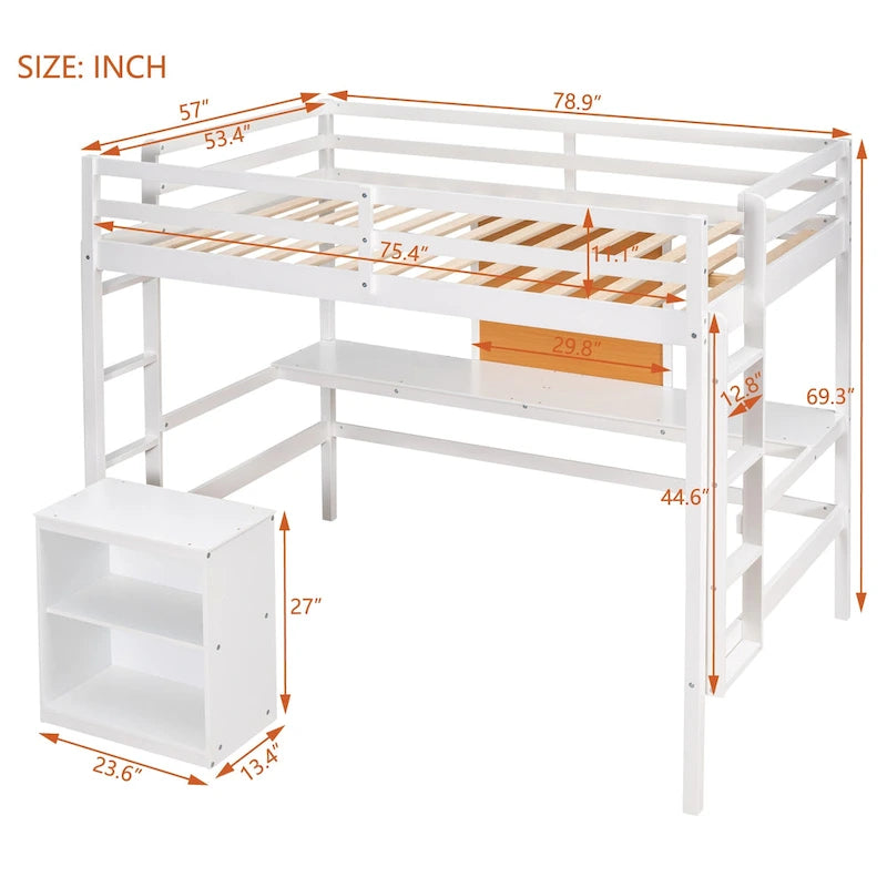 Lit mezzanine double en pin avec bureau, tableau d'écriture et étagères de rangement