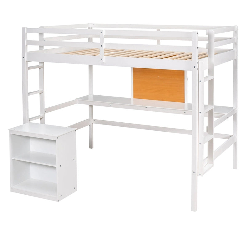 Lit mezzanine double en pin avec bureau, tableau d'écriture et étagères de rangement