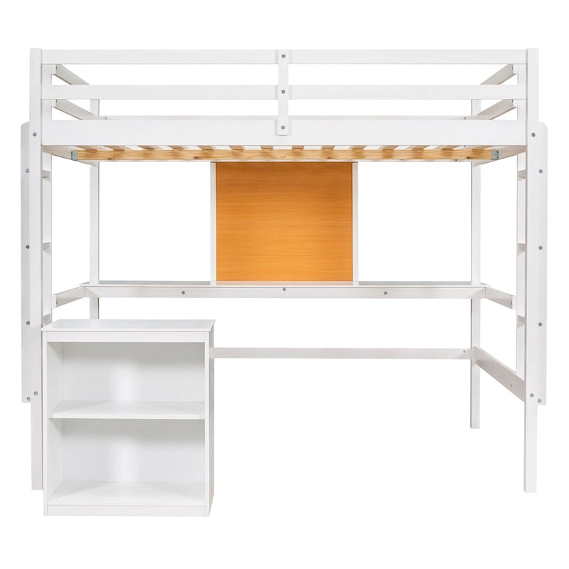 Lit mezzanine double en pin avec bureau, tableau d'écriture et étagères de rangement