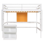 Lit mezzanine double en pin avec bureau, tableau d'écriture et étagères de rangement