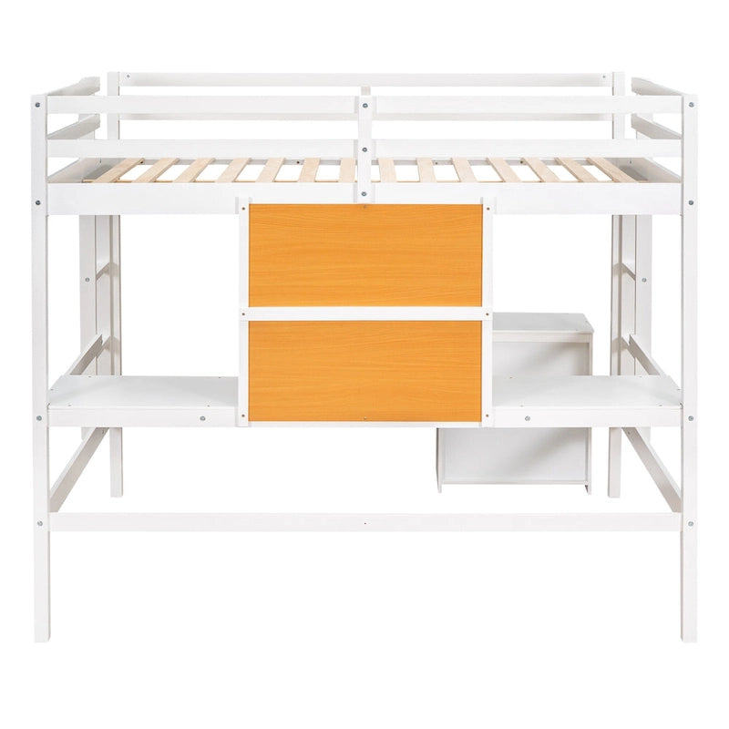 Lit mezzanine double en pin avec bureau, tableau d'écriture et étagères de rangement