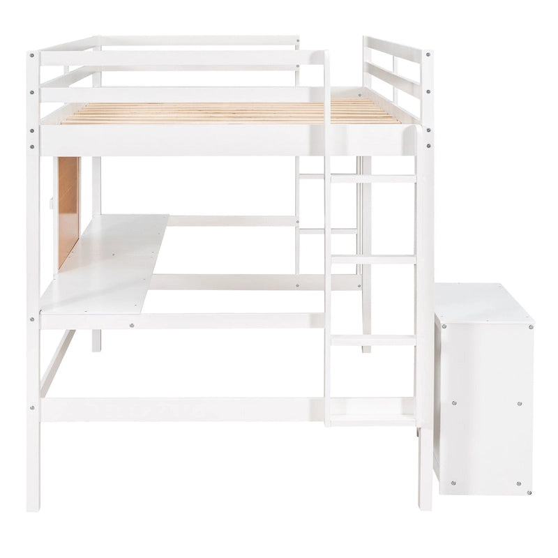 Lit mezzanine double en pin avec bureau, tableau d'écriture et étagères de rangement