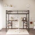 Lit mezzanine en métal pour deux personnes avec table intégrée, étagères de rangement, garde-corps et échelles