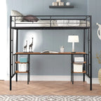 Lit mezzanine en métal pour deux personnes avec table intégrée, étagères de rangement, garde-corps et échelles