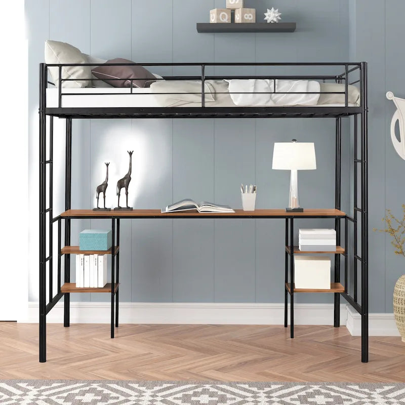 Lit mezzanine en métal pour deux personnes avec table intégrée, étagères de rangement, garde-corps et échelles