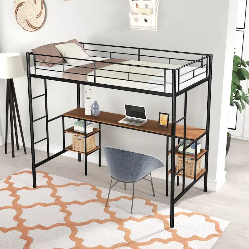 Lit mezzanine en métal pour deux personnes avec table intégrée, étagères de rangement, garde-corps et échelles