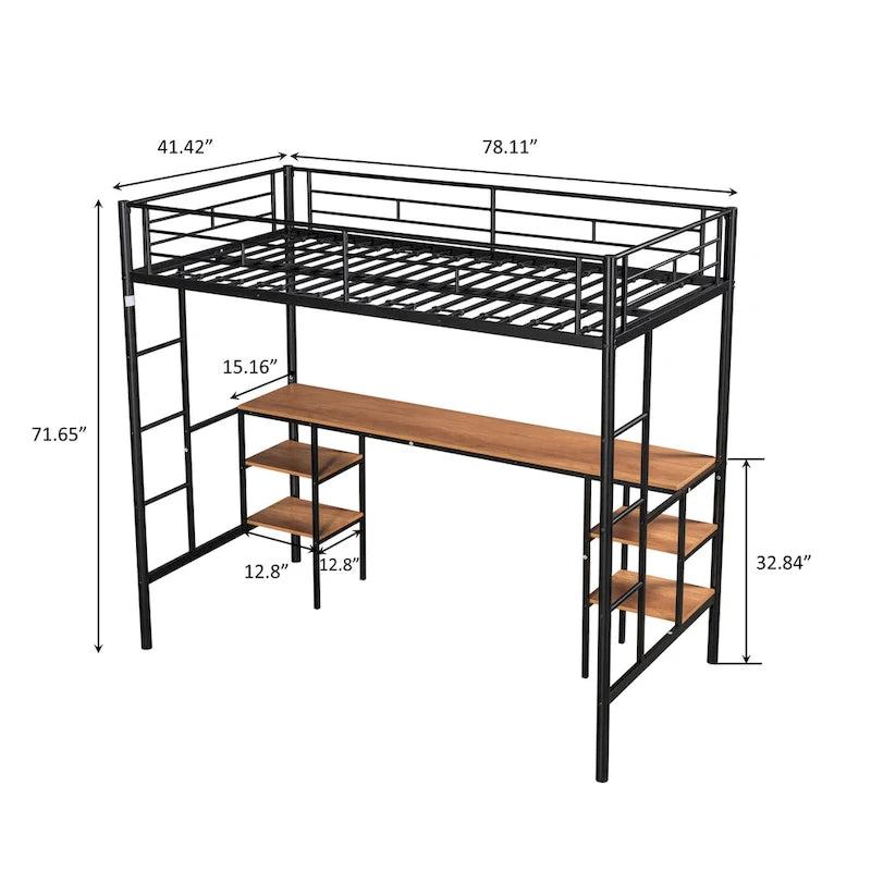 Lit mezzanine en métal pour deux personnes avec table intégrée, étagères de rangement, garde-corps et échelles