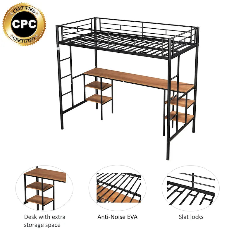 Lit mezzanine en métal pour deux personnes avec table intégrée, étagères de rangement, garde-corps et échelles