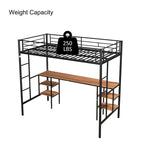 Lit mezzanine en métal pour deux personnes avec table intégrée, étagères de rangement, garde-corps et échelles
